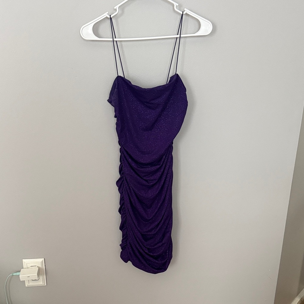 B Darlin Purple Shimmer Ruched Spaghetti Strap Mini Dress